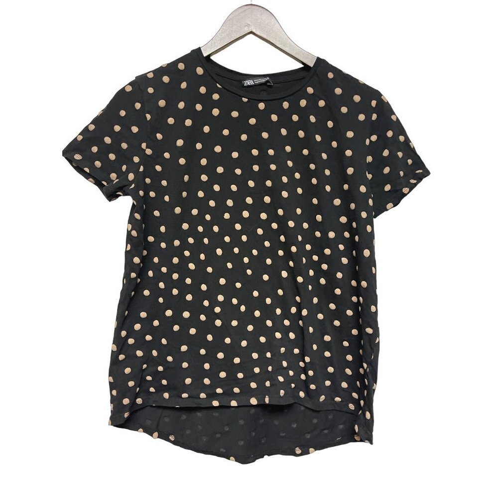 Zara Black Tan Polka Dot Short Sleeve T-Shirt Shirt Women's Size Medium